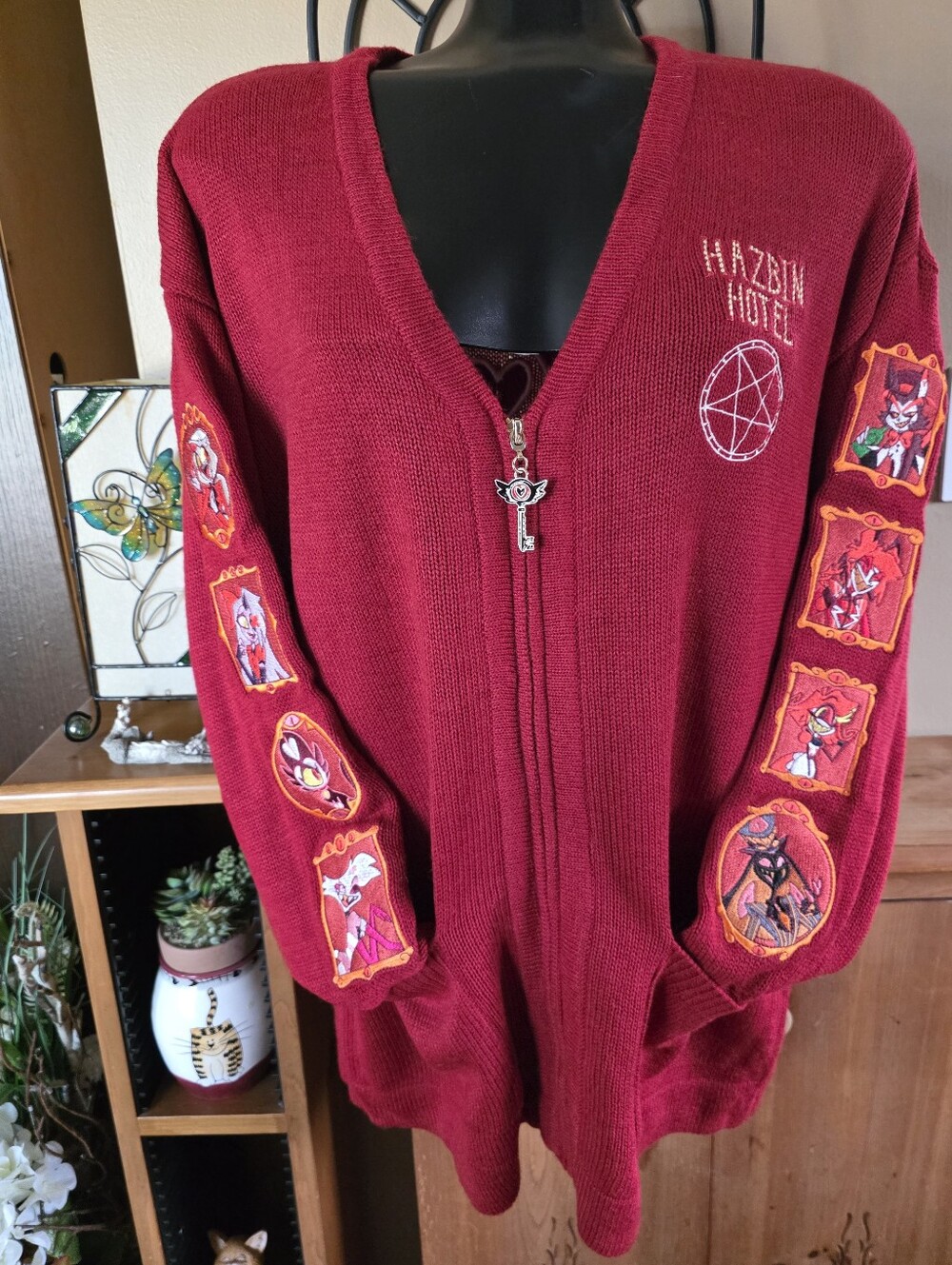 HAZBIN HOTEL Red Embroidered Zip Cardigan Sweater With Patches On The Sleeves
